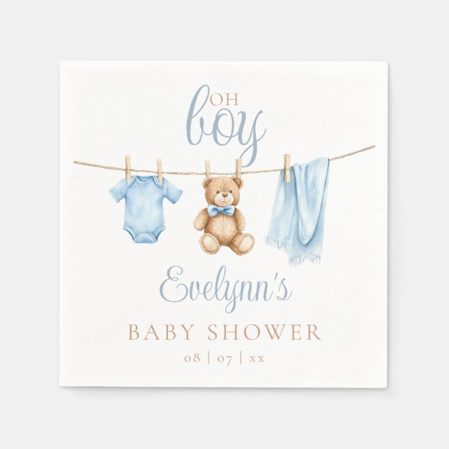 Oh Boy Blue Clothesline Baby Shower Napkin (Front)