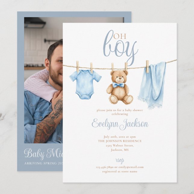 Oh Boy Blue Clothesline Baby Shower Photo QR Code Invitation (Front/Back)