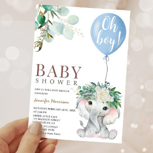 Oh Boy Blue Elephant Baby Shower Invitation