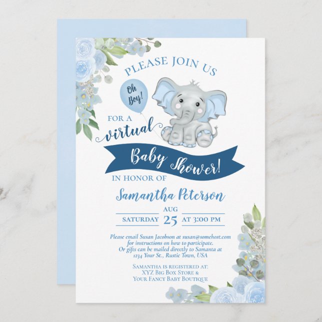 Oh Boy! Blue Elephant & Floral Virtual Baby Shower Invitation (Front/Back)