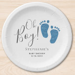 Oh Boy Blue Feet Baby Shower Paper Plate<br><div class="desc">This cute Boy's Baby Shower Paper Plate is decorated with blue glitter baby's feet and the words,  Oh Boy!
Easily customisable.</div>