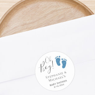 Oh Boy Blue Feet Couples Baby Shower Classic Round Sticker