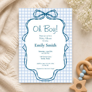 Oh Boy Blue Gingham Baby Shower Invitation