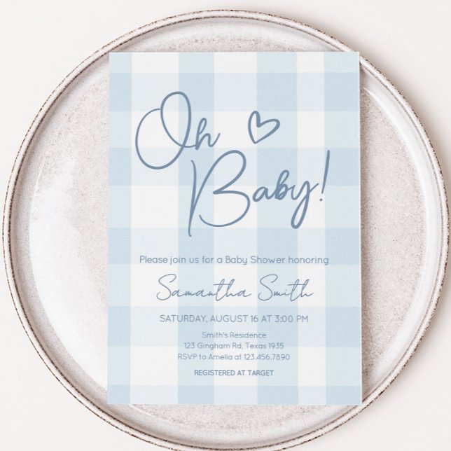 Oh Boy Blue Gingham Baby Shower Invitation ( Blue Gingham Oh Boy Baby Shower Invitation)