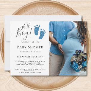 Oh Boy Blue Glitter Feet Photo Baby Shower Invitation