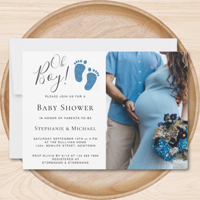 Oh Boy Blue Glitter Feet Photo Couples Baby Shower Invitation (Creator Uploaded)