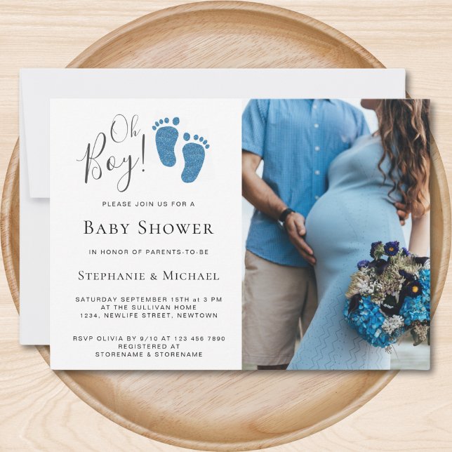 Oh Boy Blue Glitter Feet Photo Couples Baby Shower Invitation (Creator Uploaded)