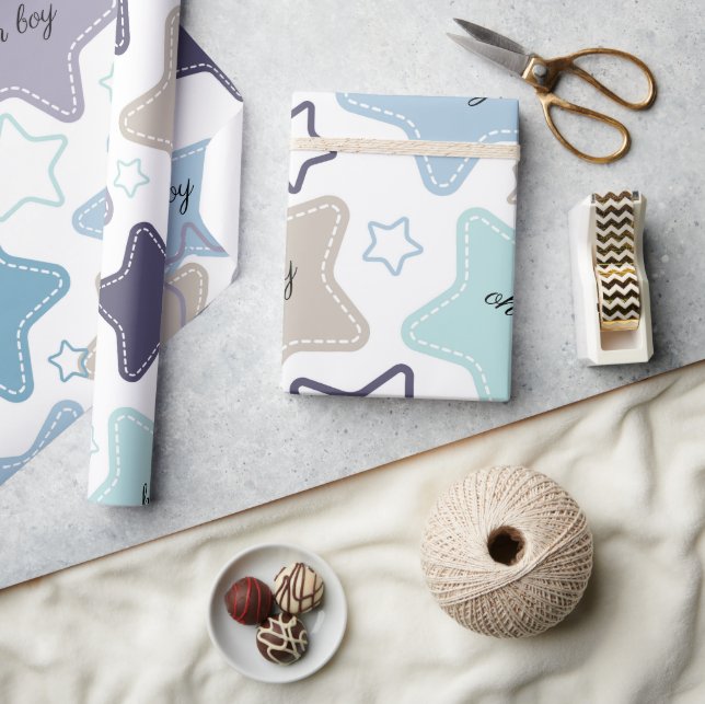Oh Boy Blue Green Stars Baby Shower Baby Gift Wrapping Paper (Crafts)