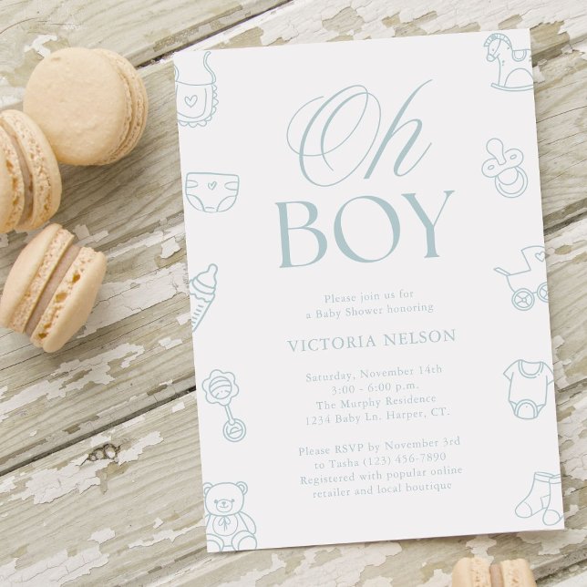 Oh Boy Blue Hand Drawn Baby Shower Invitation (Creator Uploaded)