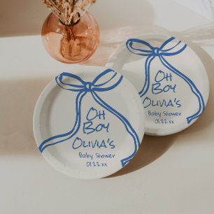 Oh Boy Blue Hand Written Drawn Bow Baby Shower Paper Plate