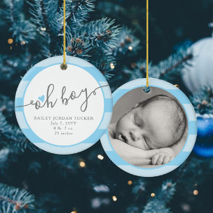 OH BOY Blue Heart Stripes Baby's 1st Christmas Ceramic Tree Decoration
