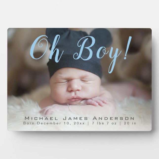 Oh Boy! Blue Modern Script New Baby Boy Keepsake Plaque (Front)