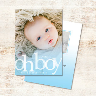 OH BOY blue overlay Modern Photo Birth Announcement