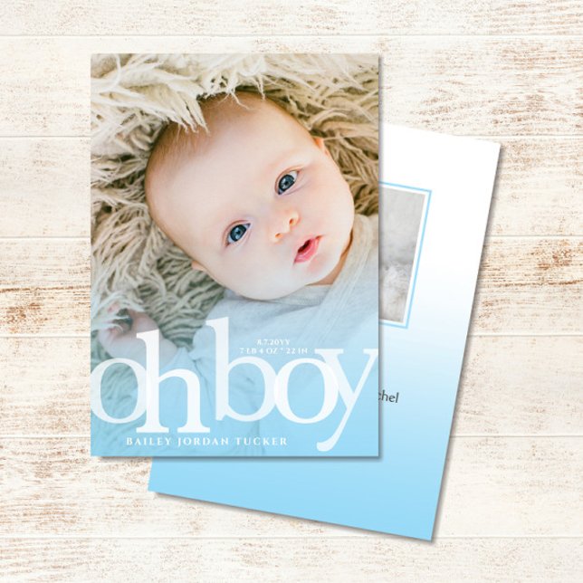 OH BOY blue overlay Modern Photo Birth Announcement (OH BOY Modern Blue Baby Boy Birth Announcement)