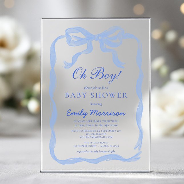 Oh Boy Blue Ribbon Bow Baby Shower Acrylic Invitations (Creator Uploaded)