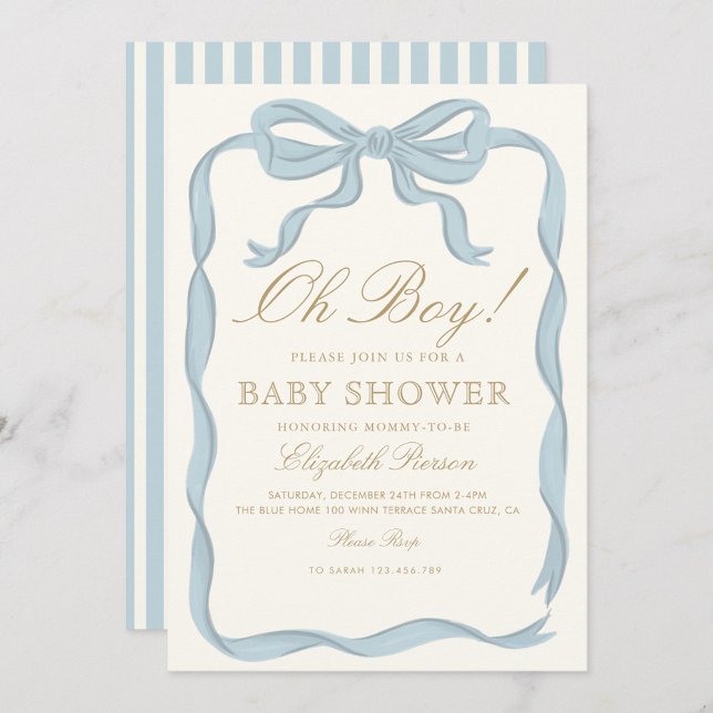 Oh boy Blue Ribbon Cute Elegant Baby Shower  Invitation (Creator Uploaded)