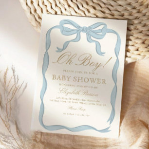 Oh boy Blue Ribbon Cute Elegant Baby Shower Invitation