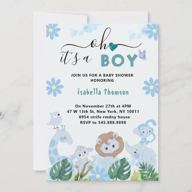 Oh Boy blue safari animals boy baby shower Invitation (Front)