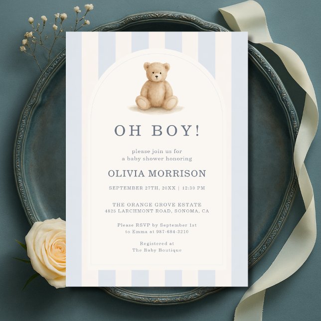 Oh Boy Blue Teddy Bear Baby Shower Invitation (Creator Uploaded)