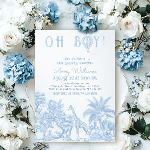 Oh Boy Blue Toile Safari Animal Baby Shower Invitation