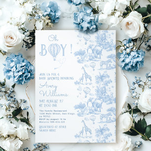 Oh Boy Blue Toile Safari Animal Baby Shower Invitation