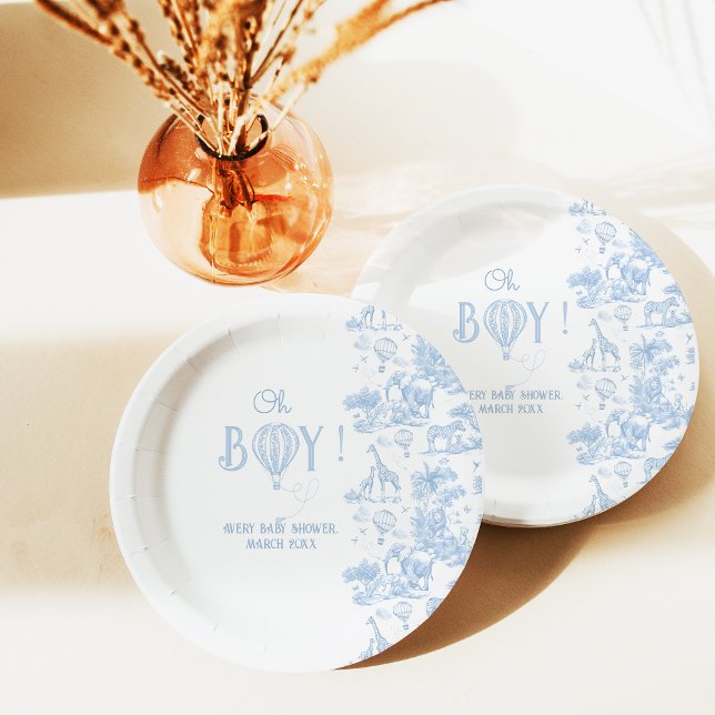 Oh Boy Blue Toile Safari Animal Baby Shower Paper Plate (Creator Uploaded)