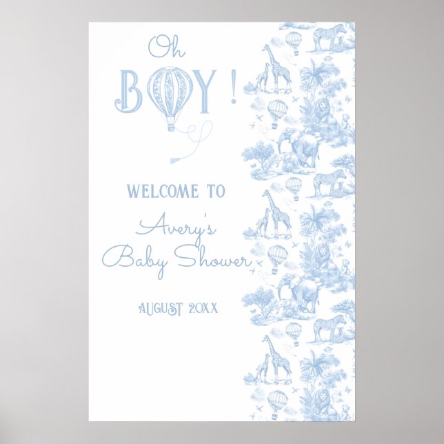 Oh Boy Blue Toile Safari Animal Baby Shower Poster (Front)