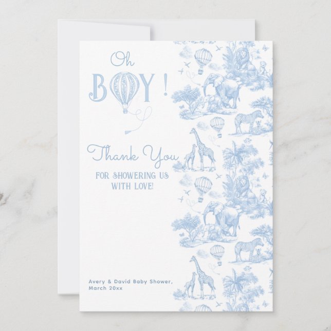 Oh Boy Blue Toile Safari Animal Baby Shower Thank You Card (Front)