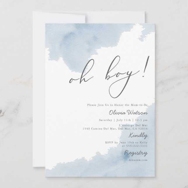 Oh Boy Blue Watercolor Baby Shower Invitation (Front)