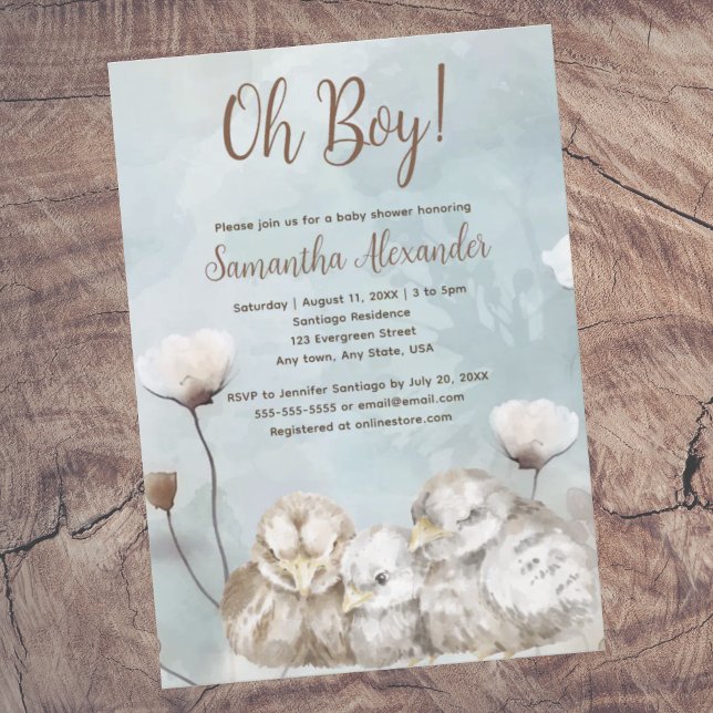 Oh Boy! blue watercolor  baby shower Invitation (Oh Boy! Blue boho watercolor duck parents with baby duck.  Baby  shower invitation.  Whimsical.)