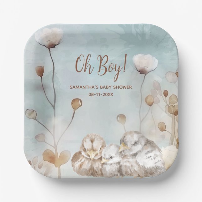 Oh Boy! blue watercolor baby shower Paper Plate (Front)