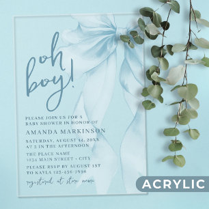 Oh Boy Blue Watercolor Bow Baby Shower Acrylic Invitations