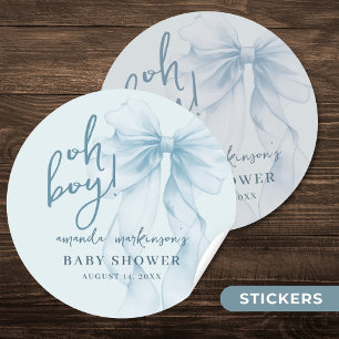 Oh Boy Blue Watercolor Bow Baby Shower Classic Round Sticker