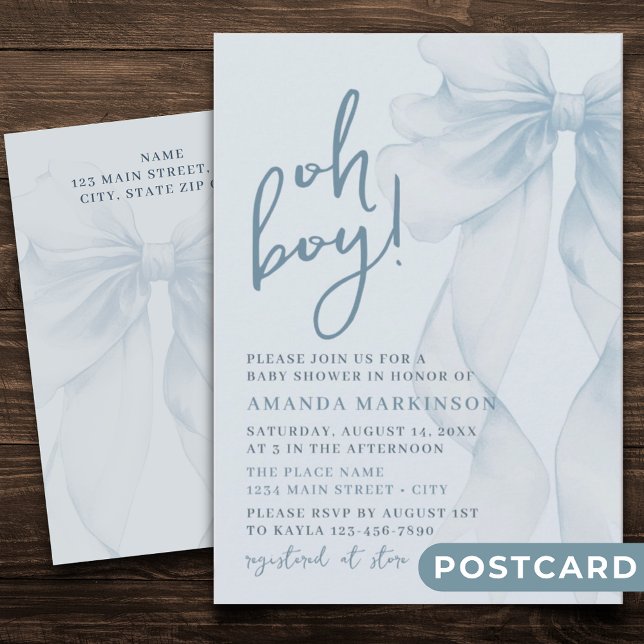 Oh Boy Blue Watercolor Bow Baby Shower Invitation Postcard (Creator Uploaded)
