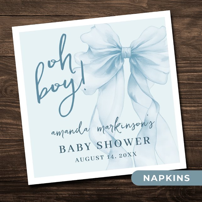 Oh Boy Blue Watercolor Bow Baby Shower Napkin (Creator Uploaded)