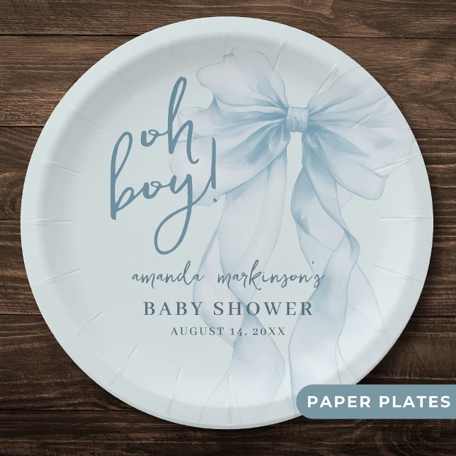 Oh Boy Blue Watercolor Bow Baby Shower Paper Plate (Creator Uploaded)