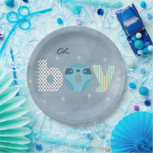 Oh Boy Blue Watercolor Diaper Baby Shower Paper Plate
