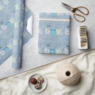 Oh Boy Blue Watercolor Diaper Baby Shower Wrapping Paper