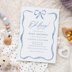 Oh Boy Blue Wavy Ribbon Bow Baby Shower Invitation