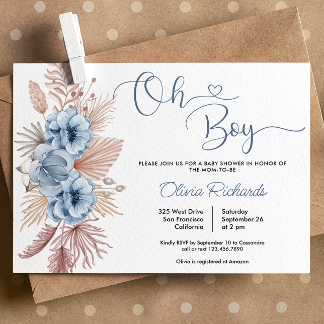 Oh Boy Boho Pampas Grass Baby Shower Invitation (Creator Uploaded)