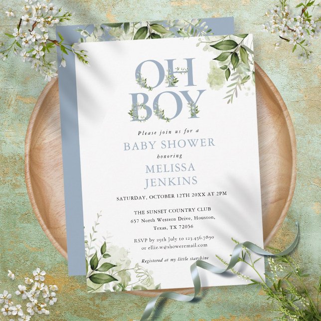 Oh Boy Botanical Greenery Dusty Blue Baby Shower Invitation (Creator Uploaded)