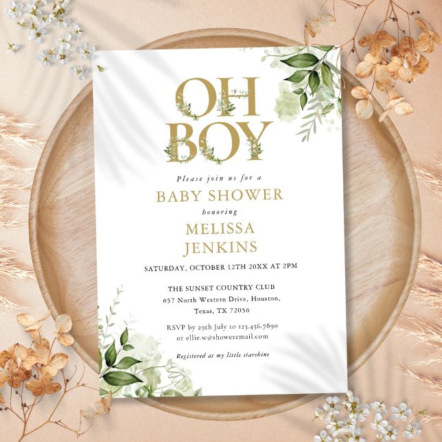 Oh Boy Botanical Greenery Gold Baby Shower Invitation (Oh Boy Botanical Greenery Gold Baby Shower Invitation)