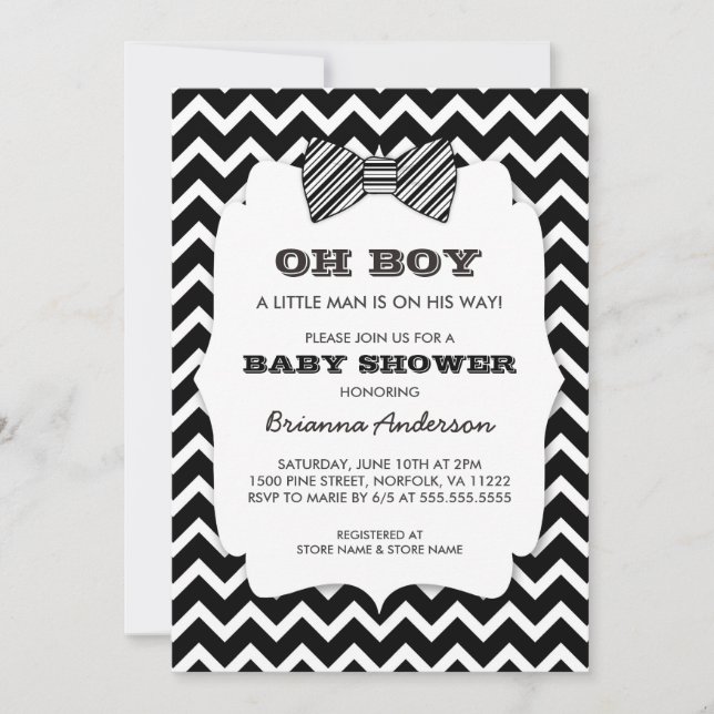 OH BOY Bow tie baby shower / black white chevron Invitation (Front)