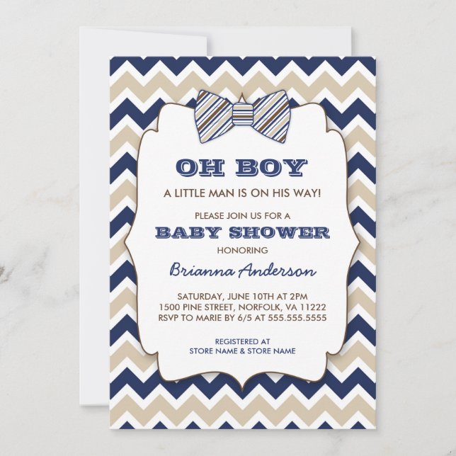 OH BOY Bowtie baby shower / navy tan brown chevron Invitation (Front)