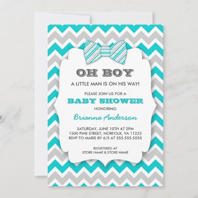 OH BOY Bowtie baby shower / turquoise grey chevron Invitation (Front)