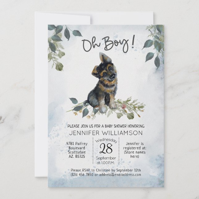 Oh Boy! Boy Baby German Shepherd  Invitation (Front)