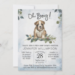 Oh Boy! Bulldog Puppy Modern Watercolor Baby  Invitation
