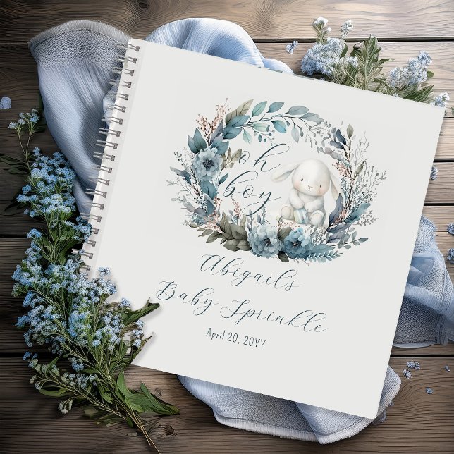 Oh Boy Bunny Blue Floral Baby Sprinkle Guest Book (Bunny Rabbit and Blue Floral Wreath Boy Baby Sprinkle Guest Book Notebook "Oh Boy" Bunny Collection)