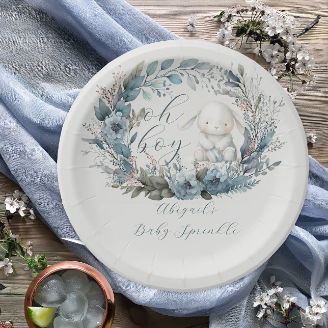 Oh Boy Bunny Rabbit Blue Floral Baby Sprinkle Paper Plate (Bunny Rabbit and Blue Floral Wreath Boy Baby Sprinkle Thank You Flat Card  "Oh Boy" Bunny Collection)