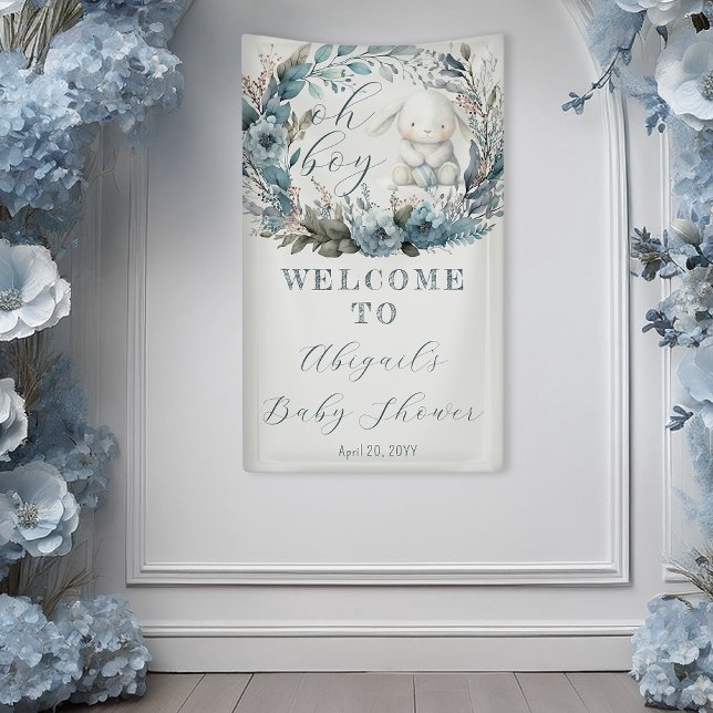 Oh Boy Bunny Rabbit Blue Floral Wreath Baby Shower Banner (Bunny Rabbit and Blue Floral Wreath Boy Baby Shower Banner - "Oh Boy" Bunny Collection)